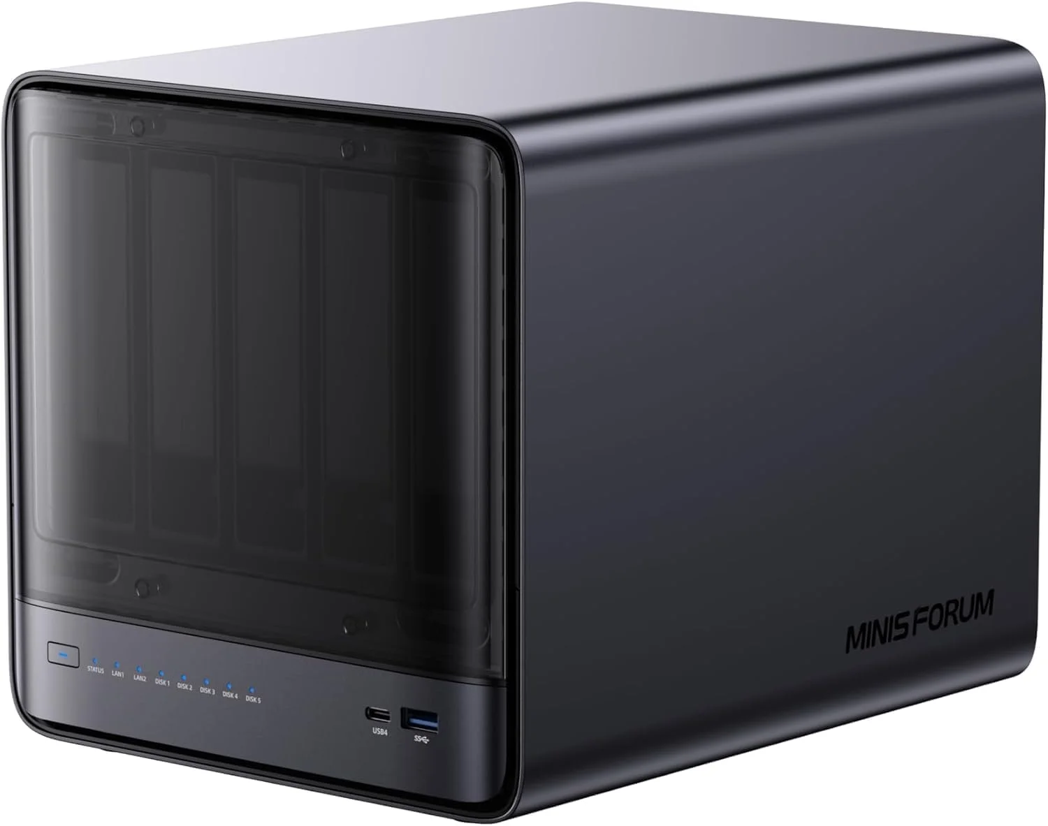 دستگاه ذخیره سازی متصل به شبکه MINISFORUM 5 Bay NAS N5 Pro P370، پردازنده AMD Ryzen AI 9 HX PRO 370 (12 هسته/24 رشته، تا 5.1 گیگاهرتز)، فضای ذخیره سازی ابری، کانال DDR5، 1 * 10Gbe، 1 * 5Gbe، 3 * اسلات M.2 NVMe، HDMI/Type-C