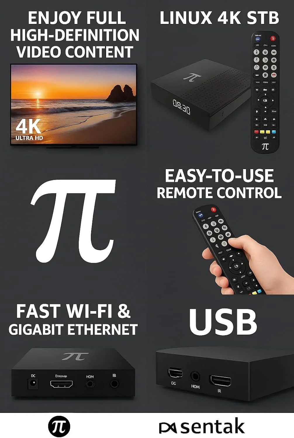 دستگاه لینوکس STB 4K (ارتقا یافته) مدل Pi Plus با وای فای دو بانده 5G، شبکه گیگابیتی، 1 گیگابایت رم و 8 گیگابایت حافظه - بهتر از mag 540w3 و mag 544w3