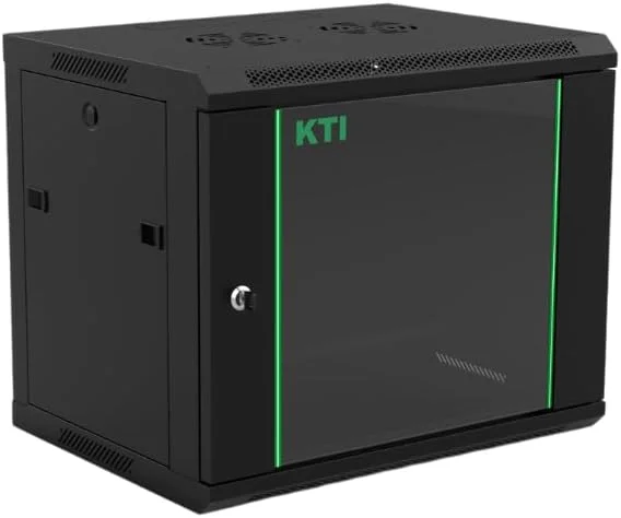 کابینت شبکه KTI سری TF با ابعاد 9 یونیت در 600 در 450 میلی‌متر، نصب دیواری، محفظه سرور و شبکه 19 اینچی با شیشه حرارت دیده، پنل‌های جانبی جداشدنی، مدیریت کابل، ظرفیت بار 60 کیلوگرم