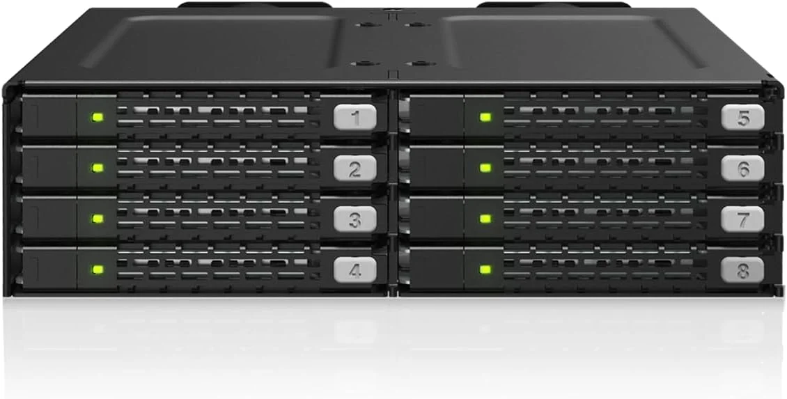 محفظه هشت تایی SSD NVMe PCIe 4.0 مدل ICY DOCK U.2 / U.3 با قابلیت جابجایی سریع، برای 4 عدد SlimSAS 8i SFF-8654 در یک محفظه 5.25 اینچی - تمام فلزی - ToughArmor MB998V4P-B