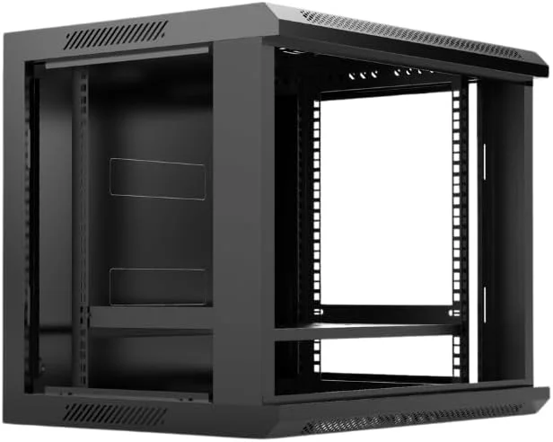 کابینت شبکه KTI سری TF با ابعاد 9 یونیت در 600 در 450 میلی‌متر، نصب دیواری، محفظه سرور و شبکه 19 اینچی با شیشه حرارت دیده، پنل‌های جانبی جداشدنی، مدیریت کابل، ظرفیت بار 60 کیلوگرم