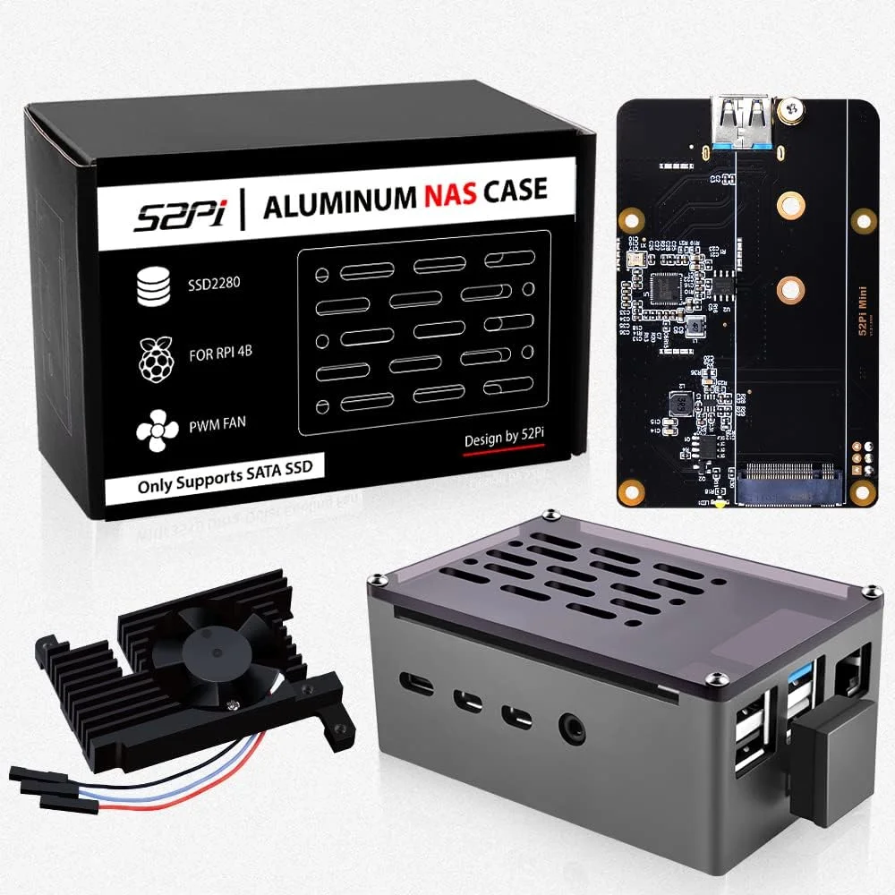 محفظه آلومینیومی NAS برای رزبری پای 4 GeeekPi با فن PWM و برد آداپتور M.2 SATA SSD، محفظه آلومینیومی پسیو رزبری پای 4 با فن خنک کننده فوق العاده بی صدا 3510 برای رزبری پای 4 مدل B 2GB 4GB 8GB
