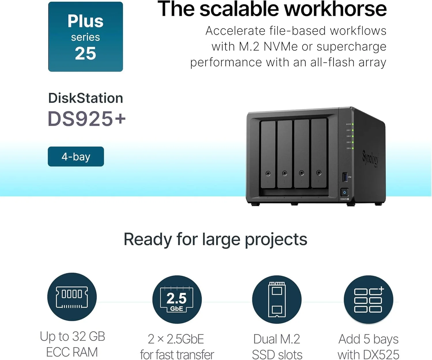 DS925+ دیسک‌استیشن – NAS چهار محفظه‌ای با اترنت 2.5 گیگابیتی، قابل ارتقا تا 9 محفظه، کش SSD NVMe M.2، پشتیبان‌گیری پرسرعت، نظارت و همکاری، راهکار مدیریت و ذخیره‌سازی داده ایده‌آل برای خانه یا کسب‌وکار
