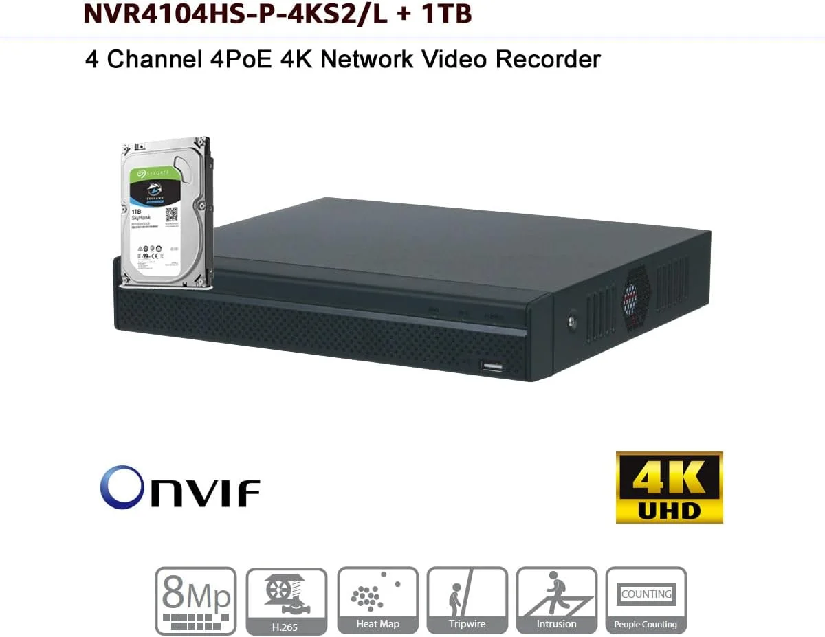 دستگاه ضبط ویدیویی تحت شبکه 4 کاناله داهوا-OEM مدل NVR4104HS-P-4KS2/L با 4 پورت POE و رزولوشن 4K AI Lite Compact 1U به همراه هارد دیسک 1 ترابایتی از پیش نصب شده