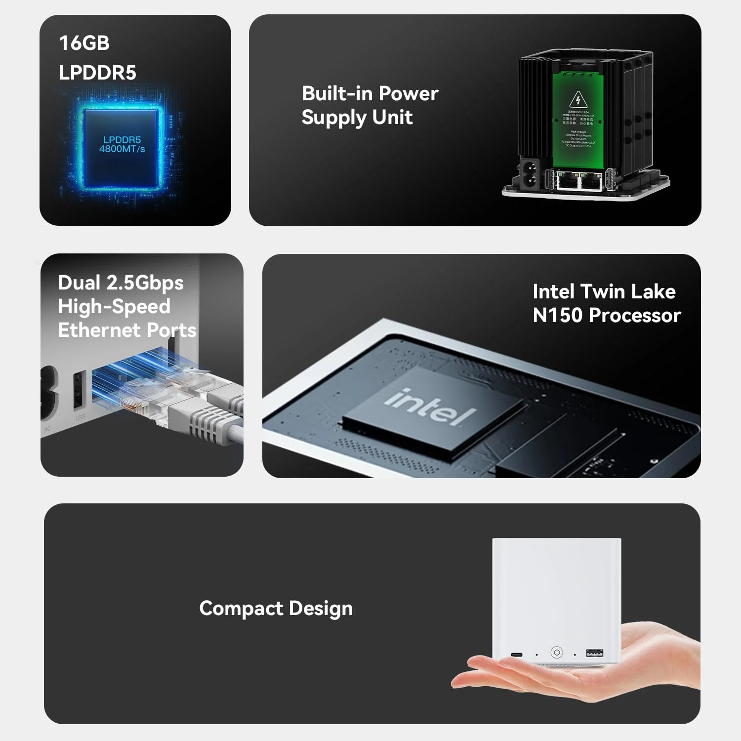 مینی کامپیوتر Beelink ME mini N150، پردازنده Intel N150 (4 هسته/4 رشته، تا 3.6 گیگاهرتز)، 16 گیگابایت LPDDR5، 1 ترابایت SSD PCle3.0، مینی کامپیوتر ME با پشتیبانی از دو پورت LAN 2.5G، فضای ابری، ماشین مجازی، مسیریاب نرم افزاری، NAS، HTPC