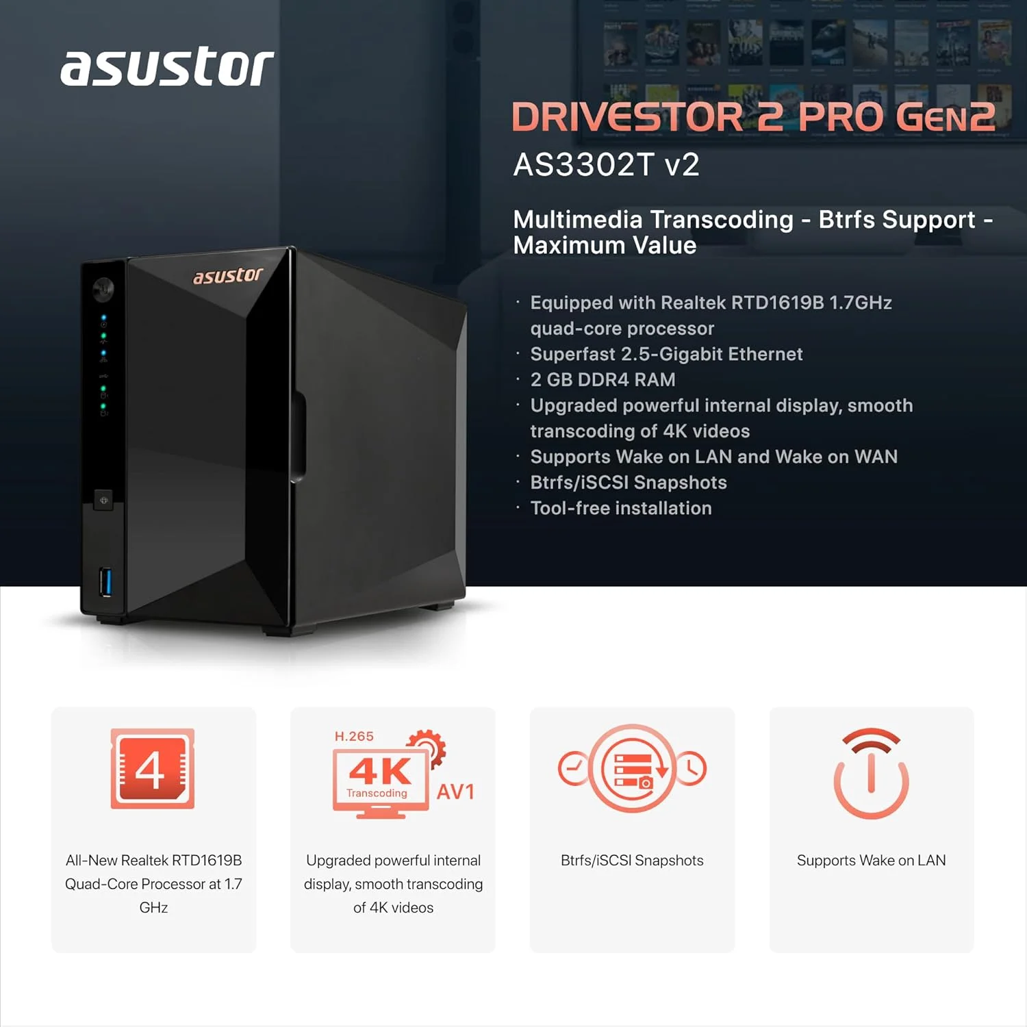 محفظه ذخیره سازی تحت شبکه 2 بی Asustor Drivestor 2 Pro Gen2 AS3302T v2، پردازنده چهارهسته ای 1.7 گیگاهرتز، پورت 2.5GbE، رم 2 گیگابایتی DDR4، ذخیره ساز متصل به شبکه برای ذخیره سازی ابری (بدون دیسک)