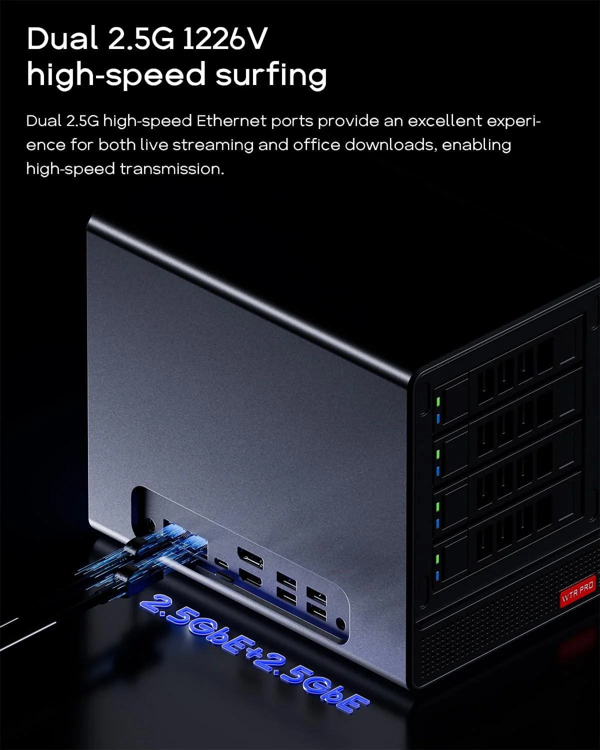 مینی پی سی AOOSTAR WTR PRO با 4 جایگاه NAS، پردازنده AMD R7 5825U، رم 64GB DDR4، حافظه SSD 1TB PCIE4.0 M.2 NVME با 2 پورت 2.5GbE i226-V Chip، پشتیبانی از ظرفیت ذخیره سازی تا 96TB (4 اسلات HDD با ظرفیت 22TB; 2 اسلات NVME با ظرفیت 4TB)