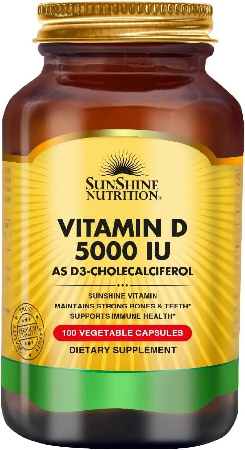 کپسول ویتامین D 5000 واحد بین المللی سان شاین نوتریشن به عنوان D3-کوله کلسیفرول | برای حفظ استخوان ها و دندان های قوی | پشتیبانی از سلامت سیستم ایمنی | 100 کپسول گیاهی