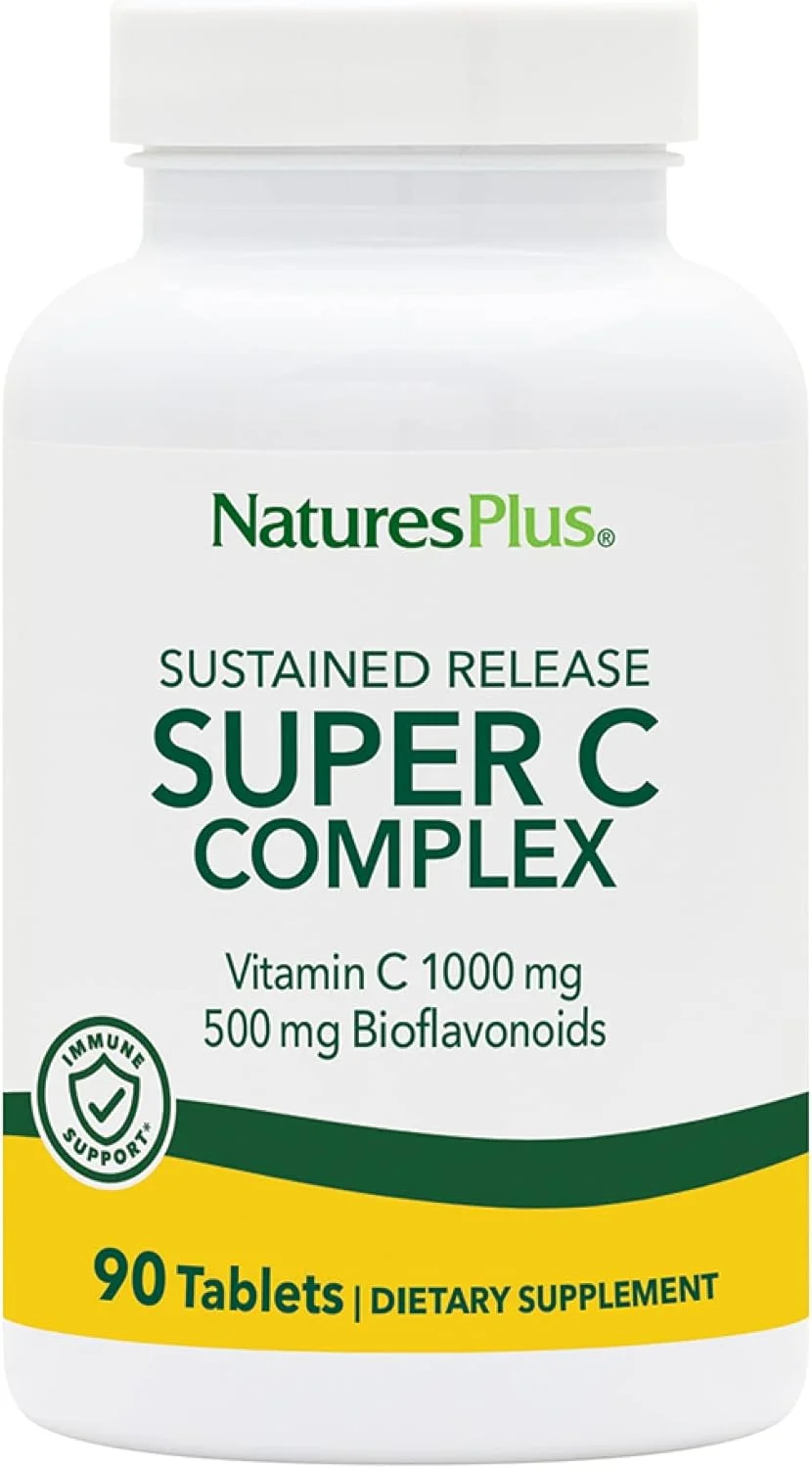 Nature's Plus سوپر سی کمپلکس رهش مداوم، 90 قرص - حاوی 1000 میلی گرم ویتامین C و 500 میلی گرم بیوفلاونوئیدها، مناسب برای گیاهخواران، بدون گلوتن