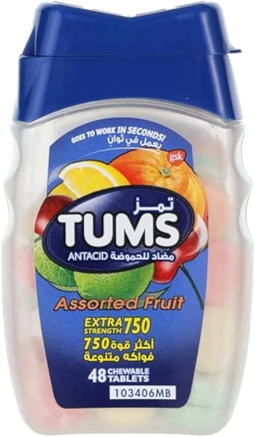 قرص های جویدنی ضد اسید معده Tums، قدرت مضاعف برای تسکین سوزش سر دل و سوء هاضمه، میوه های متنوع، 48 عدد