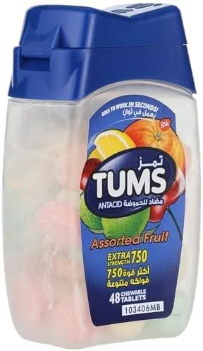 قرص های جویدنی ضد اسید معده Tums، قدرت مضاعف برای تسکین سوزش سر دل و سوء هاضمه، میوه های متنوع، 48 عدد