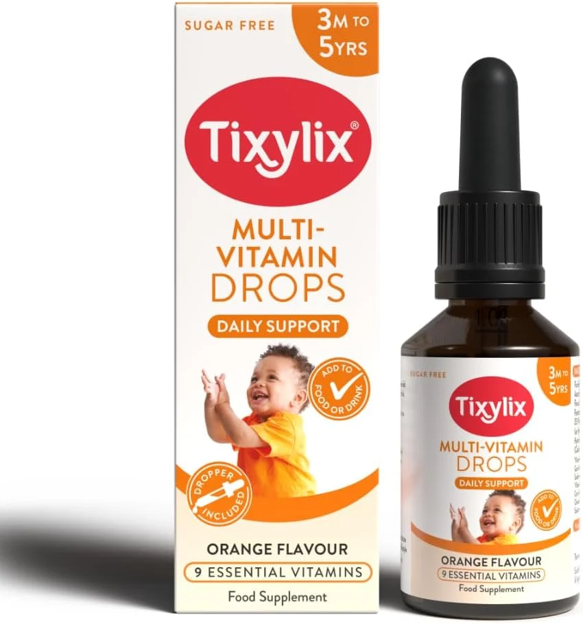 قطره مولتی ویتامین کودکان Tixylix، 50 میلی لیتر، حاوی 9 ویتامین برای حمایت از رشد و سلامت سیستم ایمنی - بدون شکر، وگان، بدون گلوتن - قابل افزودن به غذا و نوشیدنی - برای کودکان 3 ماهه تا 5 سال، دارای قطره چکان