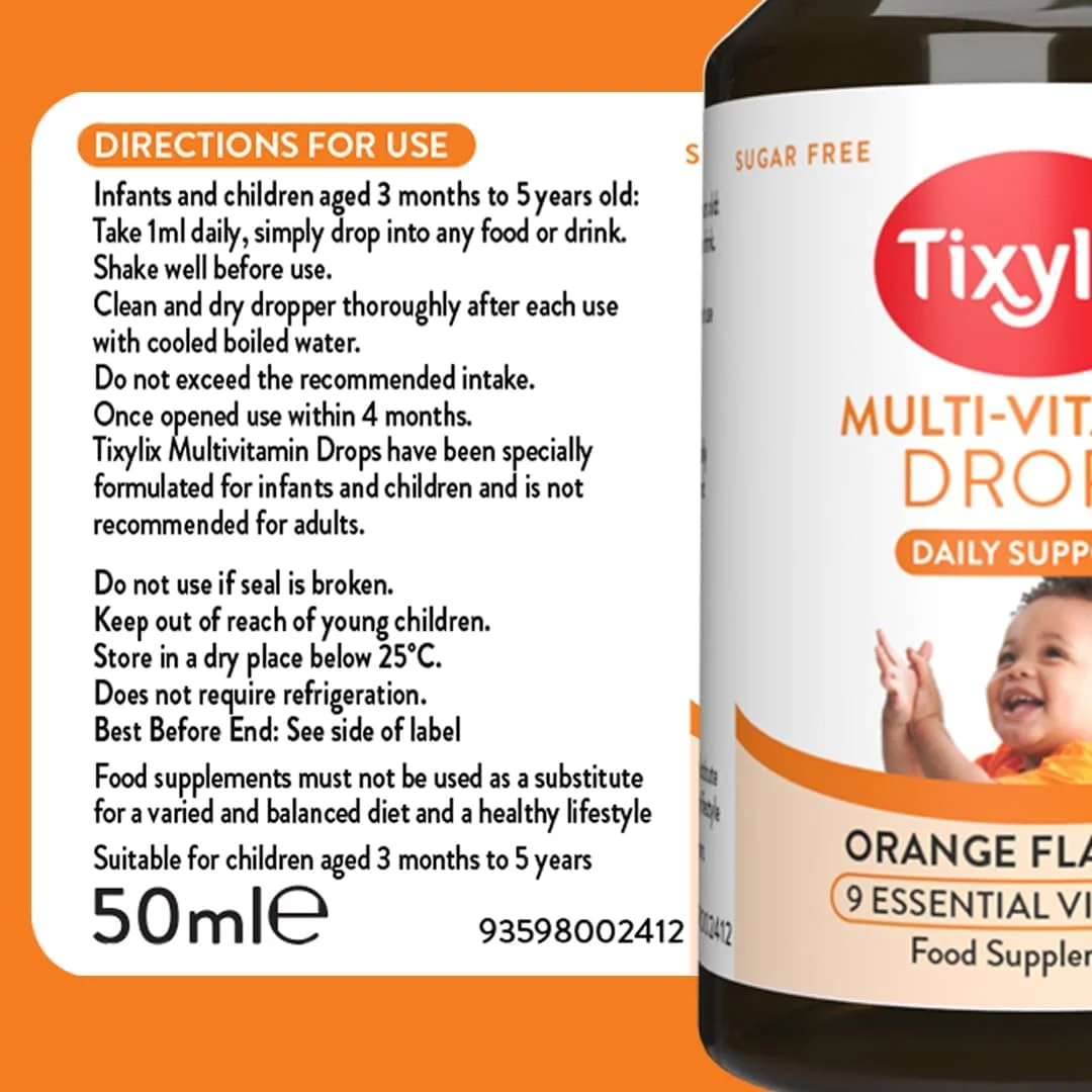 قطره مولتی ویتامین کودکان Tixylix، 50 میلی لیتر، حاوی 9 ویتامین برای حمایت از رشد و سلامت سیستم ایمنی - بدون شکر، وگان، بدون گلوتن - قابل افزودن به غذا و نوشیدنی - برای کودکان 3 ماهه تا 5 سال، دارای قطره چکان