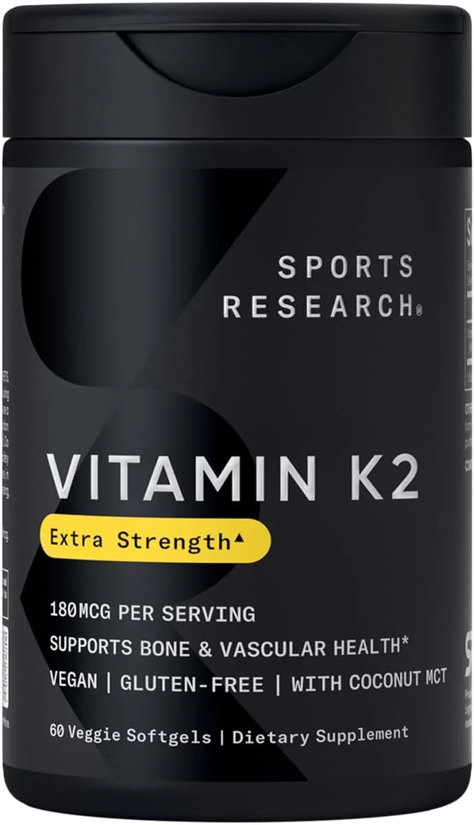 ویتامین K2 MK7 اسپورتس ریسرچ 180 میکروگرم با روغن نارگیل - 60 سافت ژل گیاهی - دارای گواهی وگان، تاییدیه غیر تراریخته و بدون گلوتن