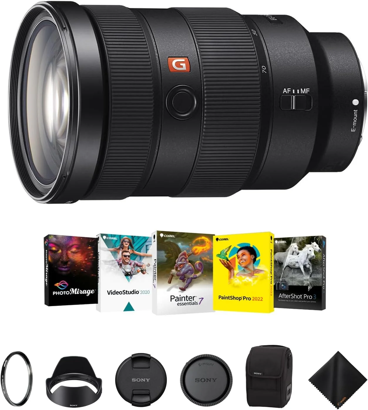 لنز سونی FE 24-70mm f/2.8 GMaster برای مانت E به همراه فیلتر محافظ UV تیفن 82mm، کیت نرم‌افزاری Corel و پارچه تمیزکننده - مجموعه ضروری