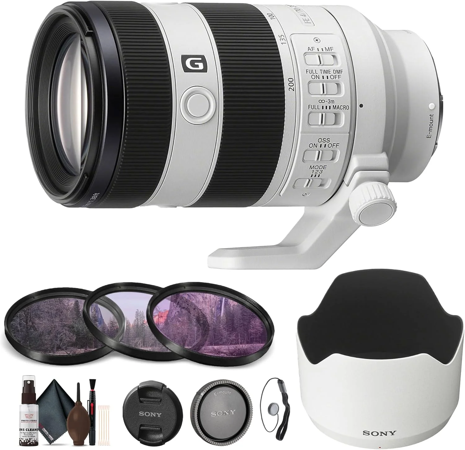 لنز زوم تله فوتو جمع و جور سونی FE 70-200mm f/4 Macro G OSS II فول فریم مانت E (SEL70200G2) + کیت فیلتر + نگهدارنده درب لنز + کیت تمیز کننده