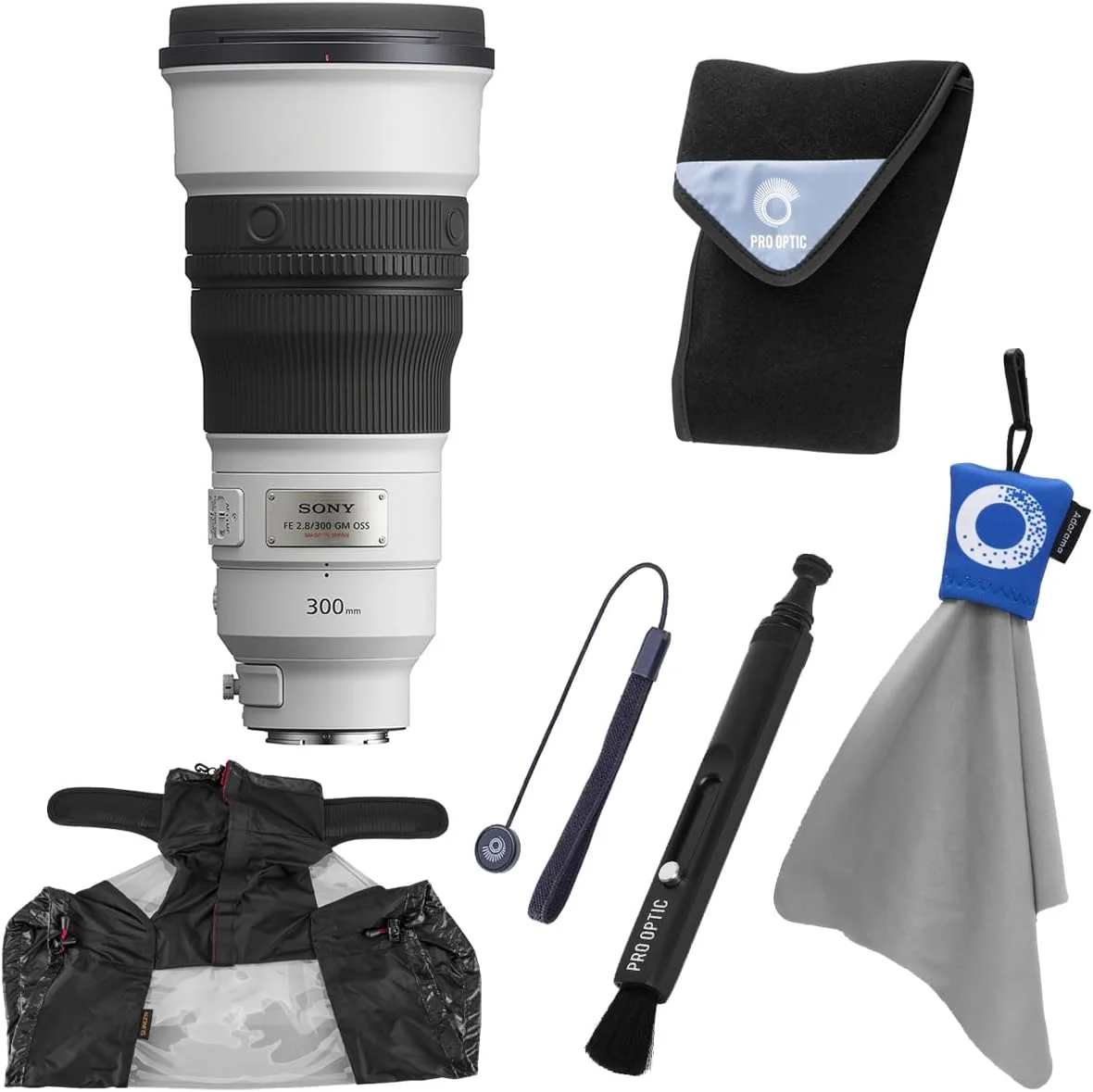 لنز سونی FE 300mm f/2.8 GM OSS، به همراه کیف لنز، قلم تمیز کننده لنز، پوشش باران، بند درب لنز و پارچه تمیز کننده