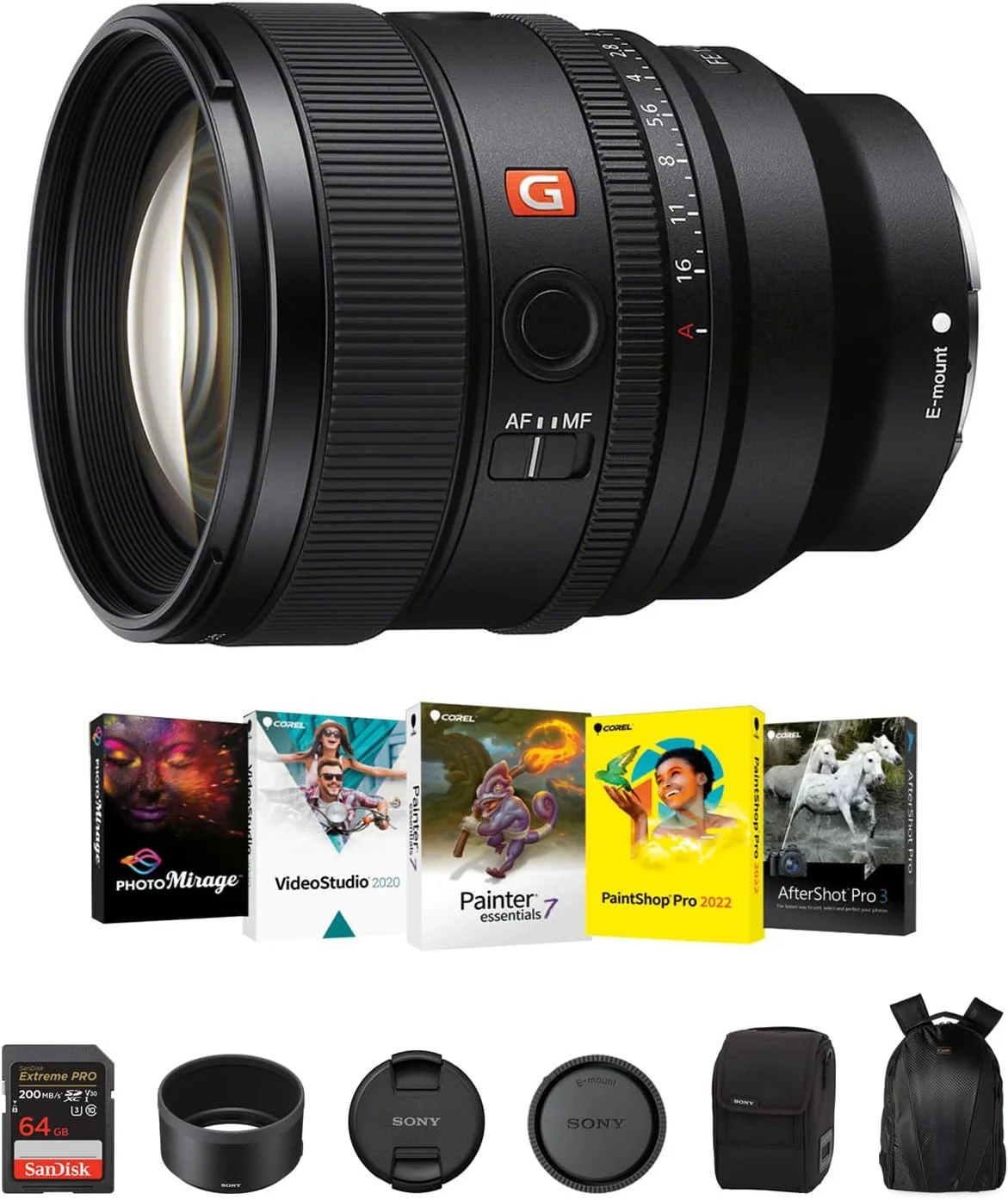 لنز سونی FE 85mm f/1.4 GM II برای دوربین های E-Mount | لنز دوربین دیجیتال فول فریم با دیافراگم باز به همراه کیت نرم افزاری Corel Art Suite، کارت حافظه SanDisk 64GB و کوله پشتی دوربین - کیت ضروری