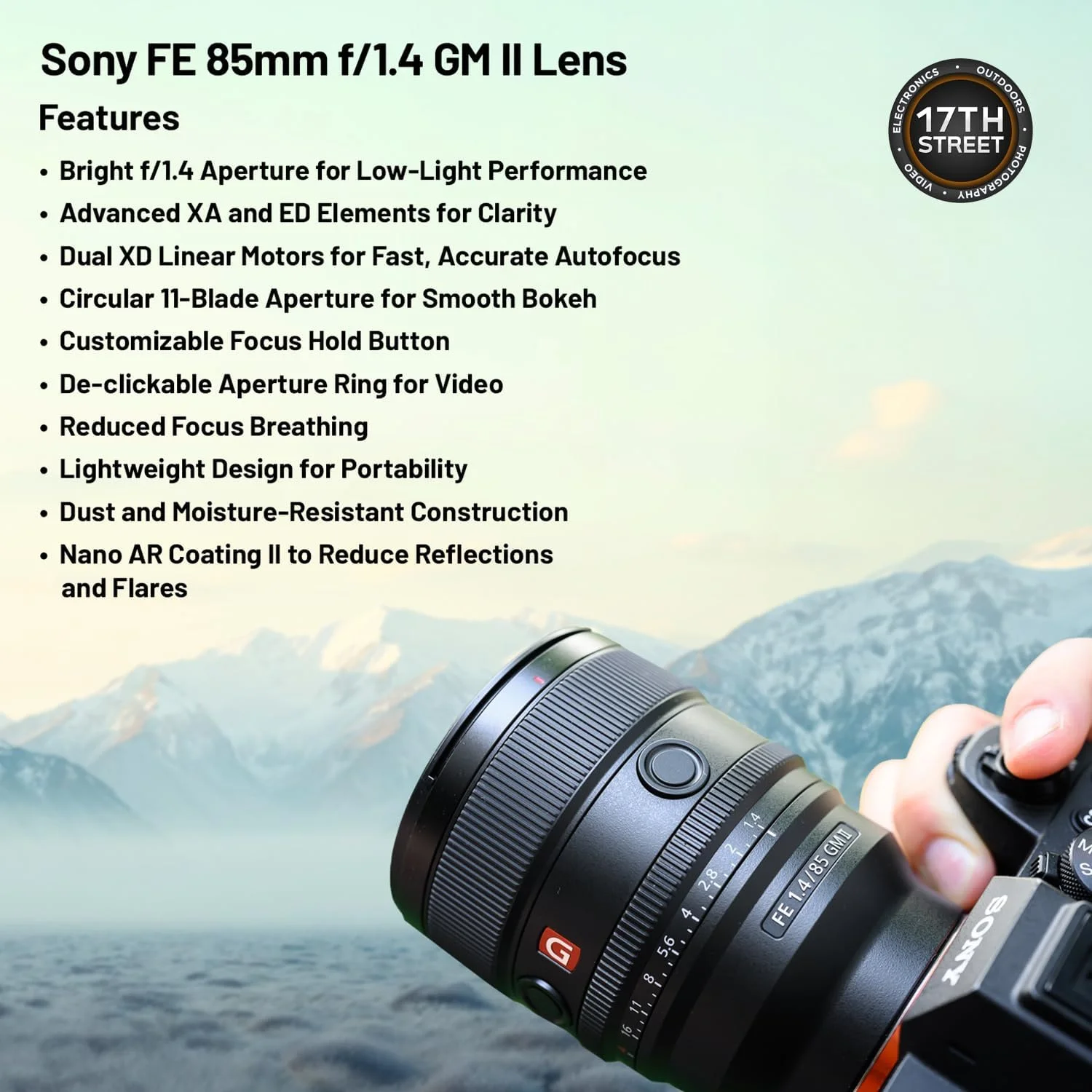 لنز سونی FE 85mm f/1.4 GM II برای دوربین های E-Mount | لنز دوربین دیجیتال فول فریم با دیافراگم باز به همراه کیت نرم افزاری Corel Art Suite، کارت حافظه SanDisk 64GB و کوله پشتی دوربین - کیت ضروری