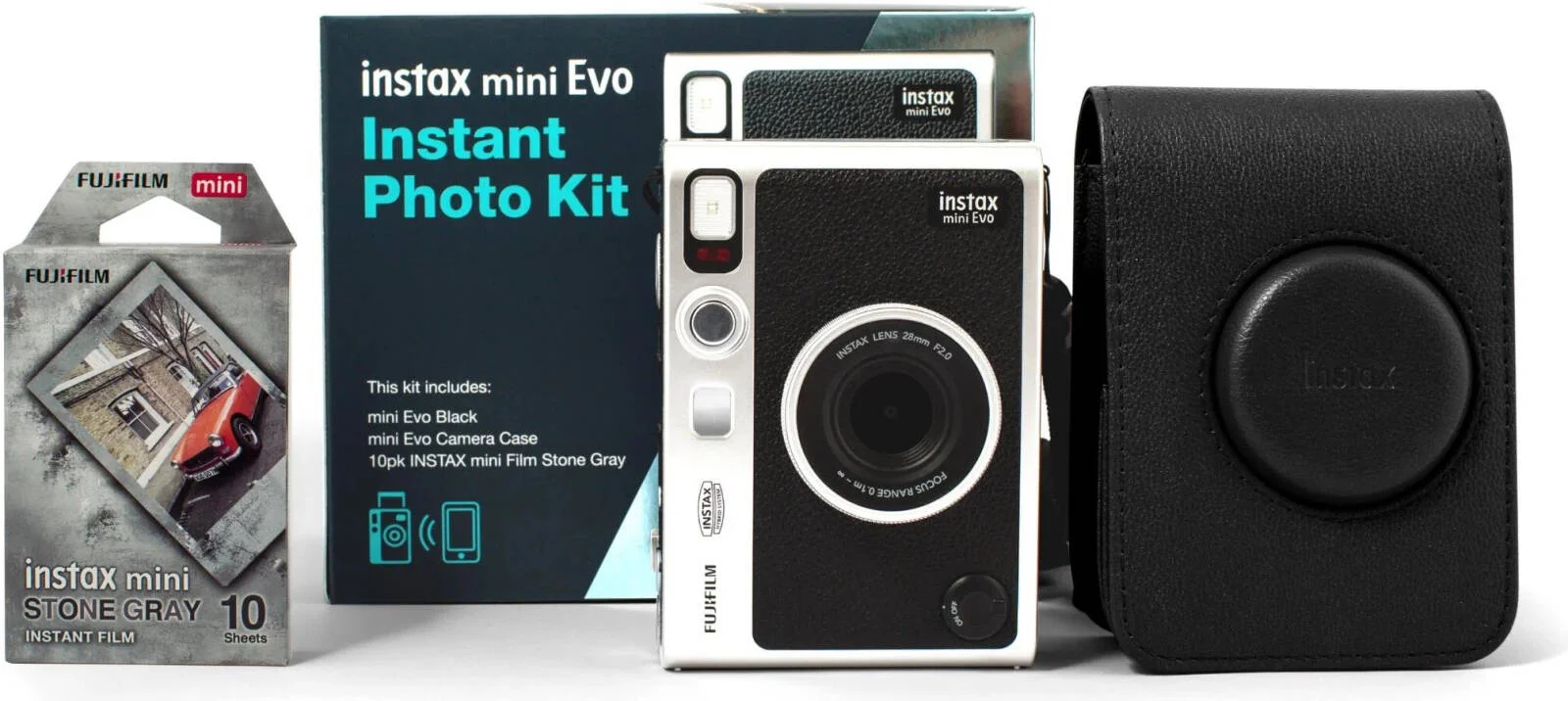 دوربین عکاسی فوری هیبریدی FUJIFILM instax mini Evo، سنسور CMOS 1/5 اینچی، فیلتر رنگ اصلی، 100 گزینه افکت، آینه سلفی داخلی، سبک آنالوگ، 10 فیلم، کیف محافظ، مشکی | 4902520844811