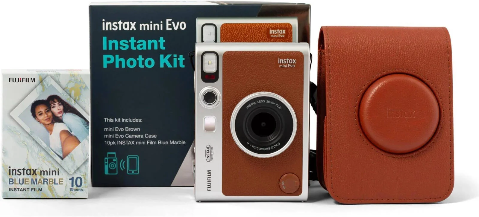 دوربین عکاسی فوری هیبریدی FUJIFILM instax mini Evo، سنسور CMOS 1/5 اینچی، فیلتر رنگ اصلی، 100 گزینه افکت، آینه سلفی داخلی، سبک آنالوگ، 10 فیلم، کیف محافظ، قهوه ای | 4902520864093