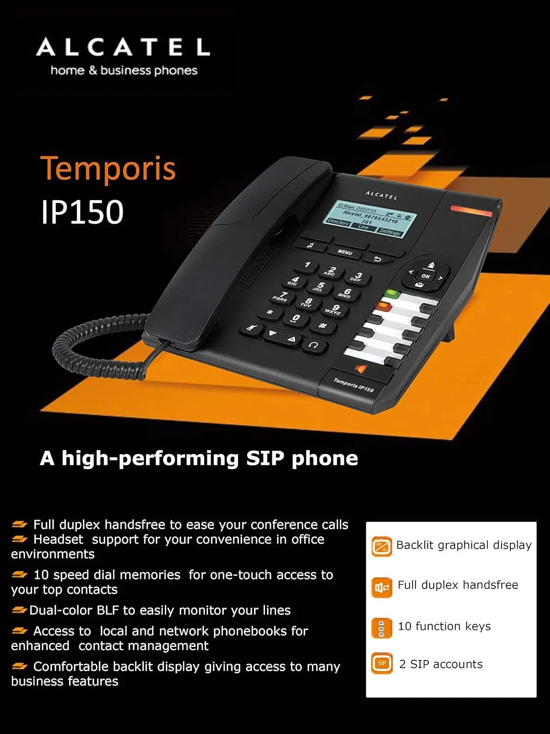 تلفن رومیزی ویپ آلکاتل Temporis IP150 m، بدون PoE، با منبع تغذیه (مشکی) - تصویر 3