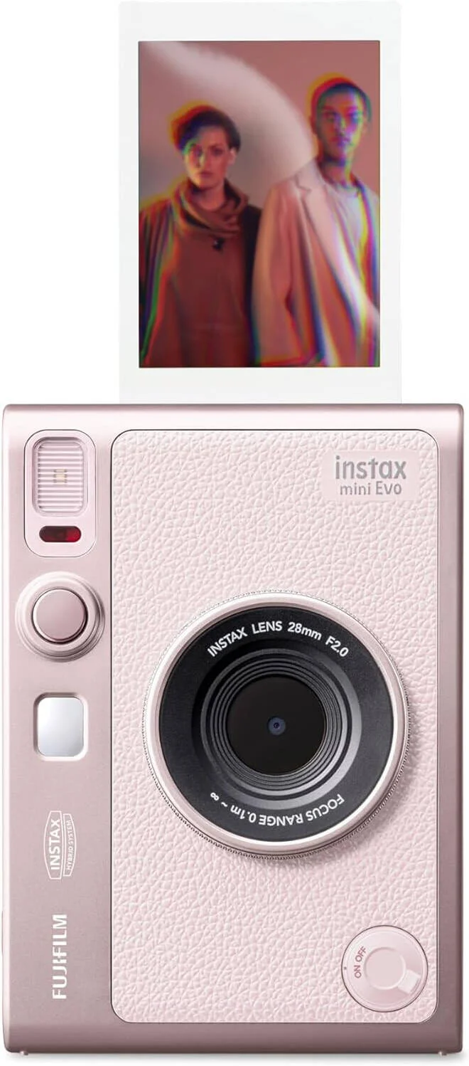 دوربین فوری فوجی فیلم instax mini Evo Hybrid، CMOS 1/5 اینچی، فیلتر رنگ اصلی، 10 لنز x 10 گزینه جلوه فیلم، آینه سلفی داخلی، سبک آنالوگ، چاپ عکس های فوری، 600DPI، Gentle Rose | FGR