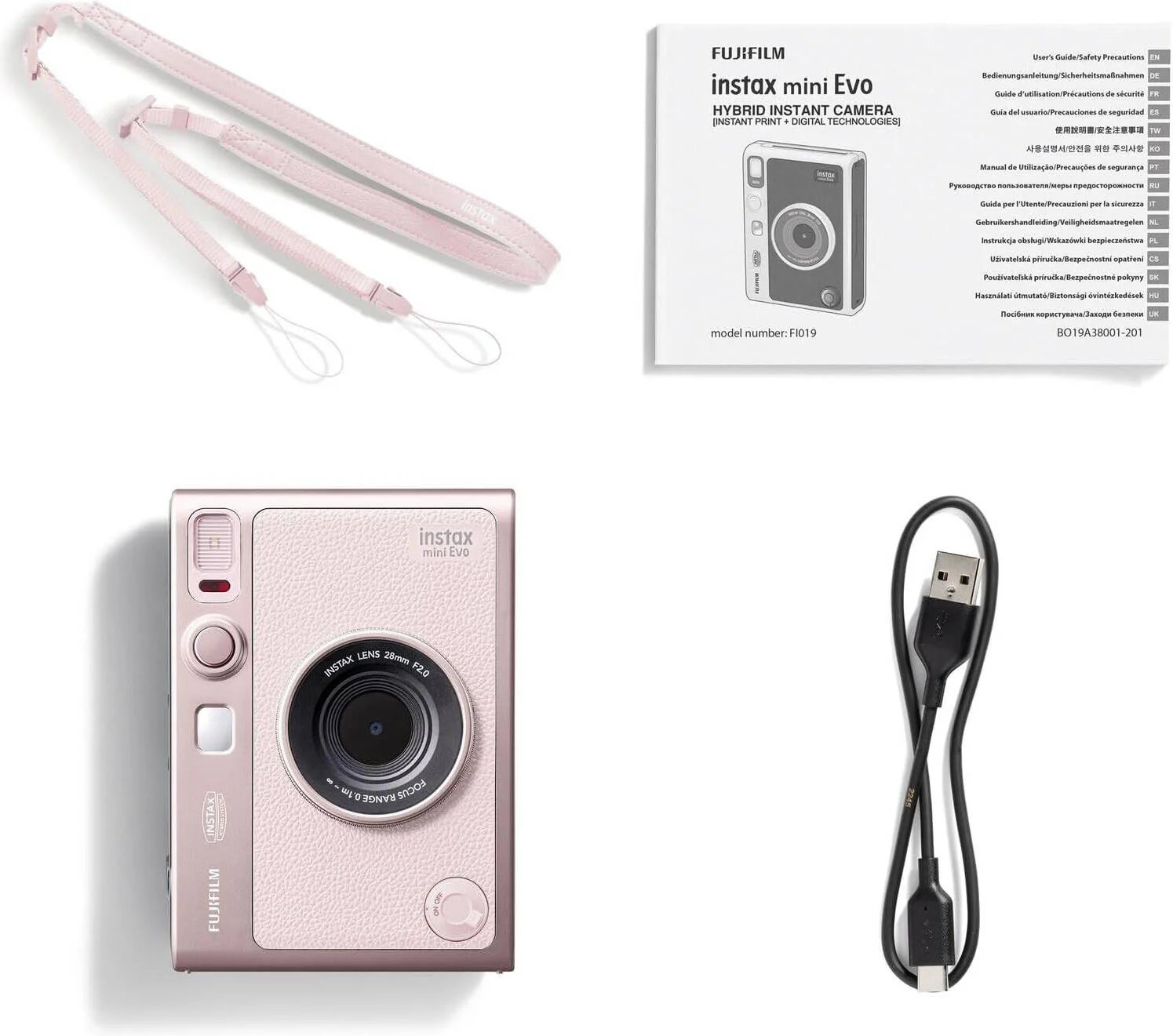 دوربین فوری فوجی فیلم instax mini Evo Hybrid، CMOS 1/5 اینچی، فیلتر رنگ اصلی، 10 لنز x 10 گزینه جلوه فیلم، آینه سلفی داخلی، سبک آنالوگ، چاپ عکس های فوری، 600DPI، Gentle Rose | FGR