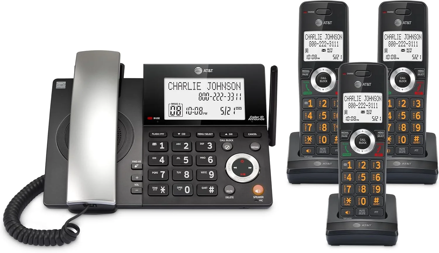 تلفن خانگی بی سیم/باسیم AT&T DECT 6.0 با 3 گوشی و دستگاه پاسخگو، مسدود کننده تماس هوشمند، شناسه تماس گیرنده، صفحه نمایش بزرگ با نور پس زمینه، دکمه بزرگ، بلندگو، اینترکام: CL84318 (مشکی ذغالی)
