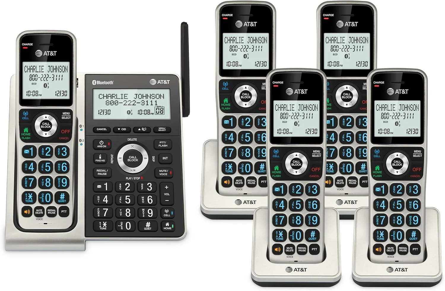 تلفن بی سیم خانگی DECT 6.0 مدل AT&T BL3107-5 با 5 گوشی، بلوتوث، سیستم پاسخگویی، مسدود کننده تماس هوشمند، برد توسعه یافته، صفحه نمایش 2 اینچی با نور پس زمینه، صفحه کلید روشن با دکمه های بزرگ، شناسه تماس گیرنده و گزارش تماس