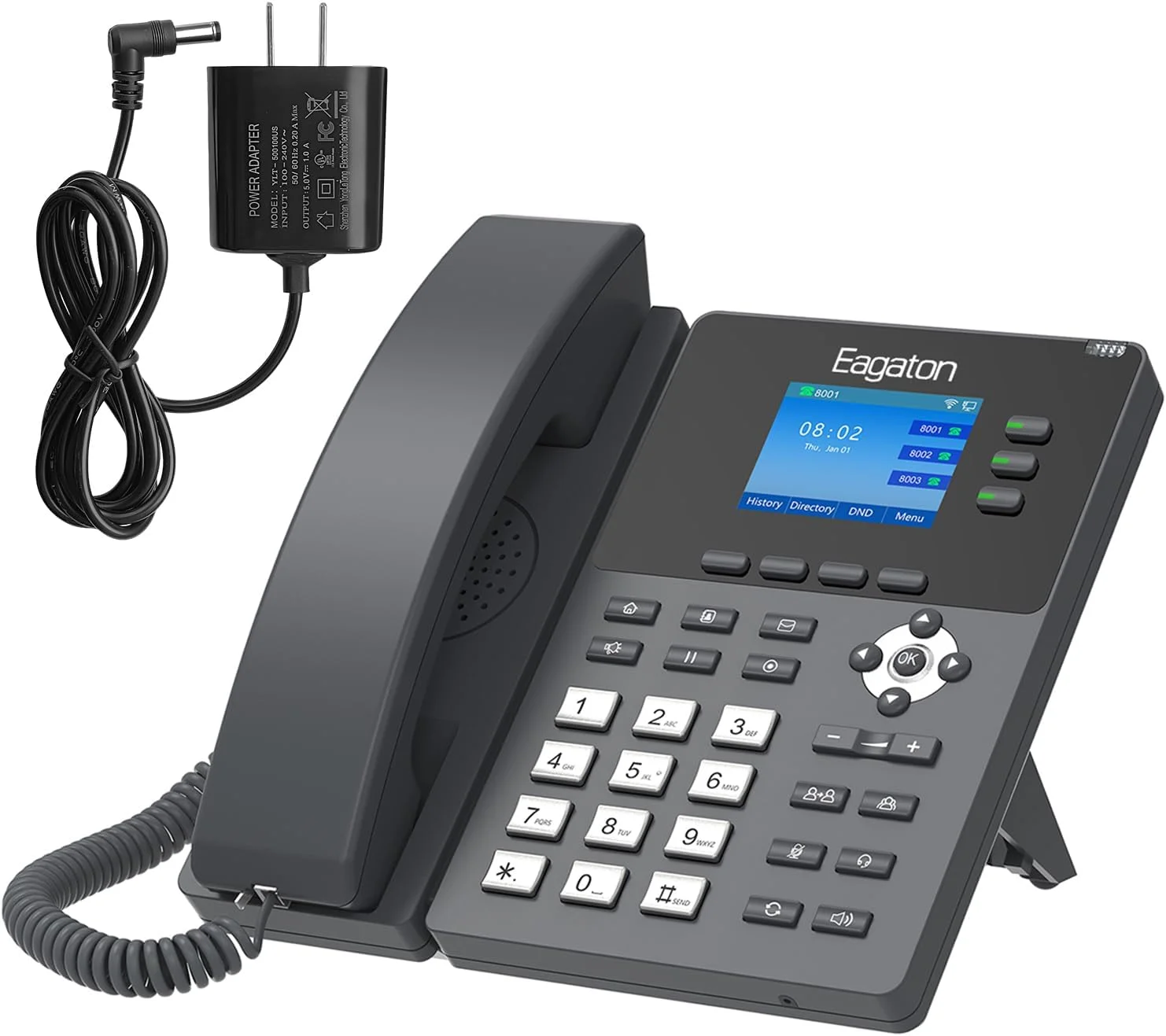 تلفن IP تجاری T53P، دارای صفحه نمایش LCD رنگی 2.4 اینچی، 3 خط SIP، صدای HD، POE، کنفرانس 6 طرفه، آداپتور برق شامل (نه خط تلفن ثابت)
