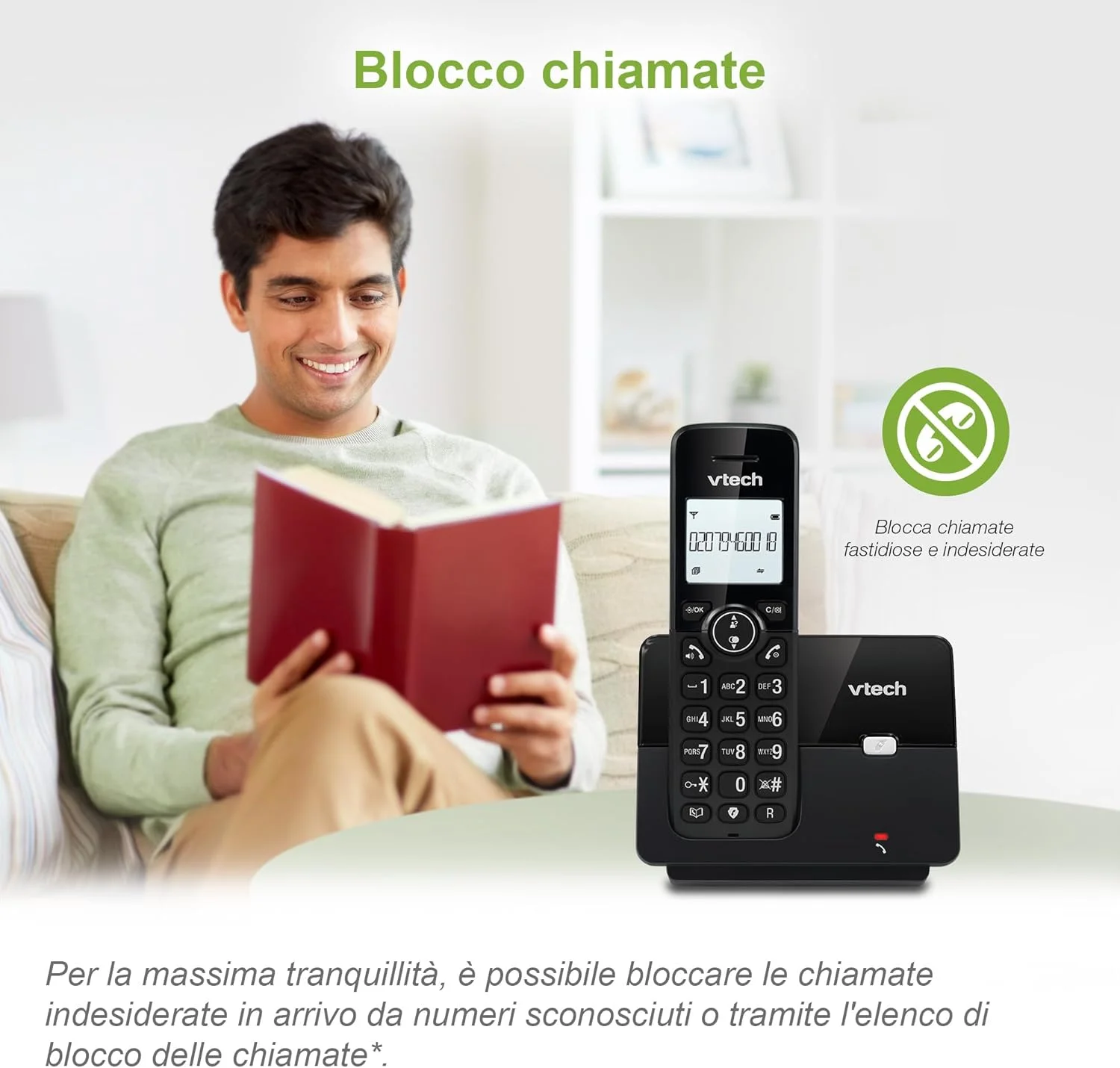 تلفن بی سیم دکت VTECH CS2000 با قابلیت پاسخگویی بدون دست و مسدود کردن تماس، تلفن ثابت برای سالمندان، شناسه تماس گیرنده، صفحه نمایش 1.8 اینچی LCD با نور پس زمینه، دکمه های بزرگ