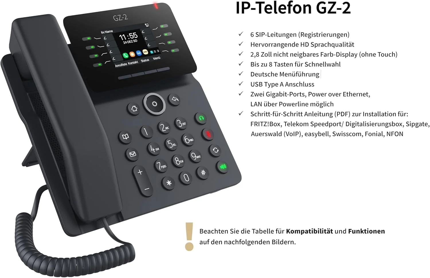تلفن تحت شبکه GEQUDIO مدل GZ-2 به همراه آداپتور برق - سازگار با Fritzbox و Telecom - تماس هندزفری و صفحه نمایش رنگی - دستورالعمل برای FritzBox، Sipgate، جعبه دیجیتال Telekom، Easybell (بدون وای فای)