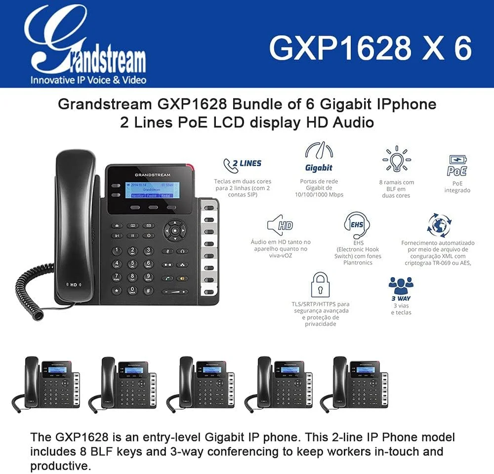بسته 6 عددی تلفن تحت شبکه گیگابیتی گرنداستریم GXP1628 با 2 خط، صفحه نمایش LCD و صدای HD
