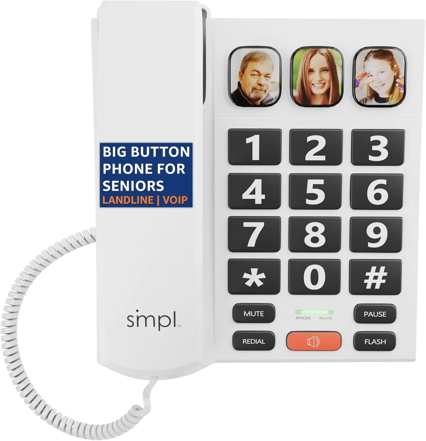 تلفن دکمه بزرگ SMPL برای سالمندان، تلفن ثابت سیمی و VOIP ساده برای منزل، مناسب برای افراد مسن، معلول، مبتلا به آلزایمر، زوال عقل، کم شنوایی 56021