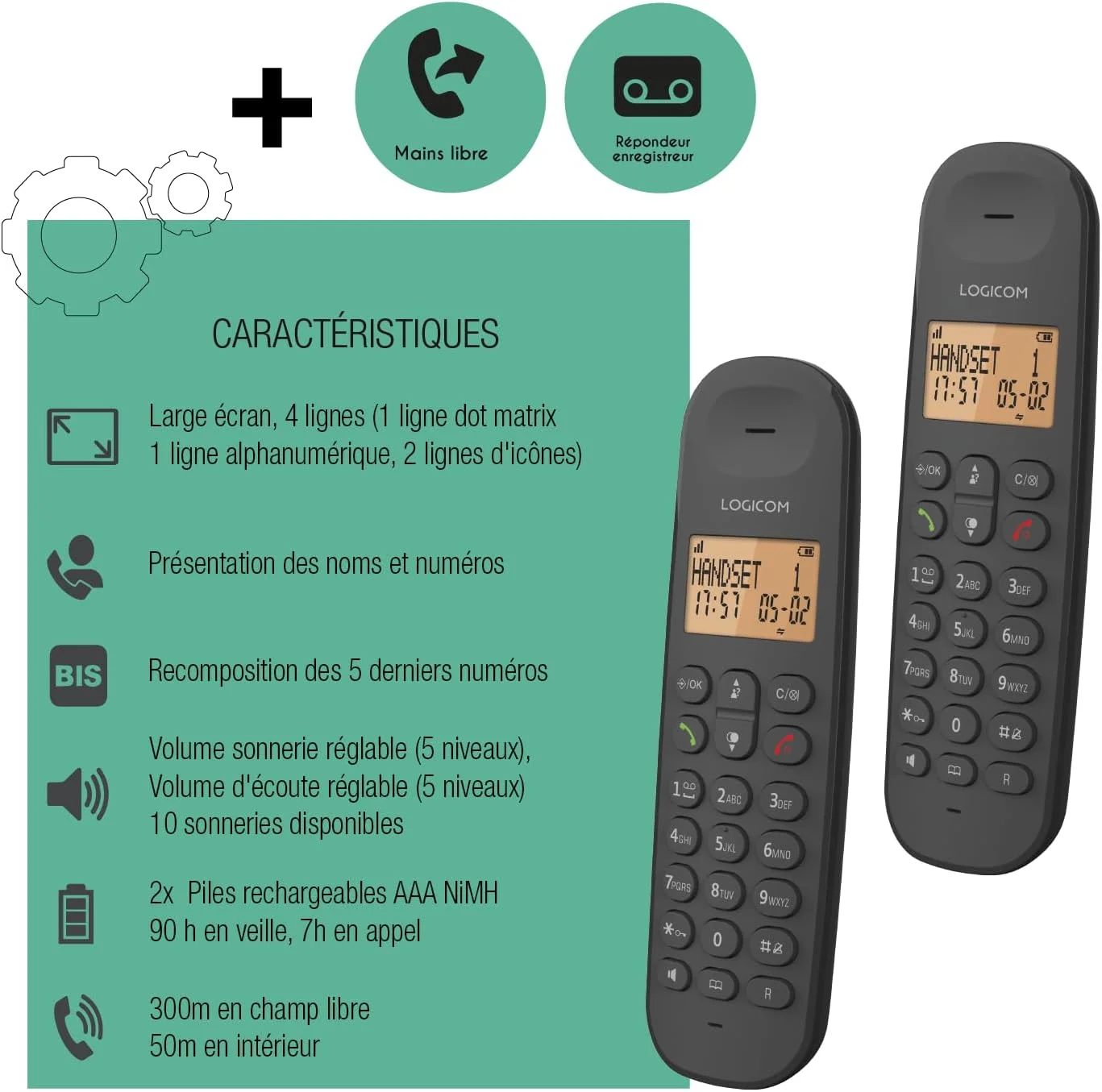 تلفن بی سیم ثابت Logicom ILOA 255T - با ضبط کننده پاسخ - دوتایی - تلفن های آنالوگ و DECT - مشکی