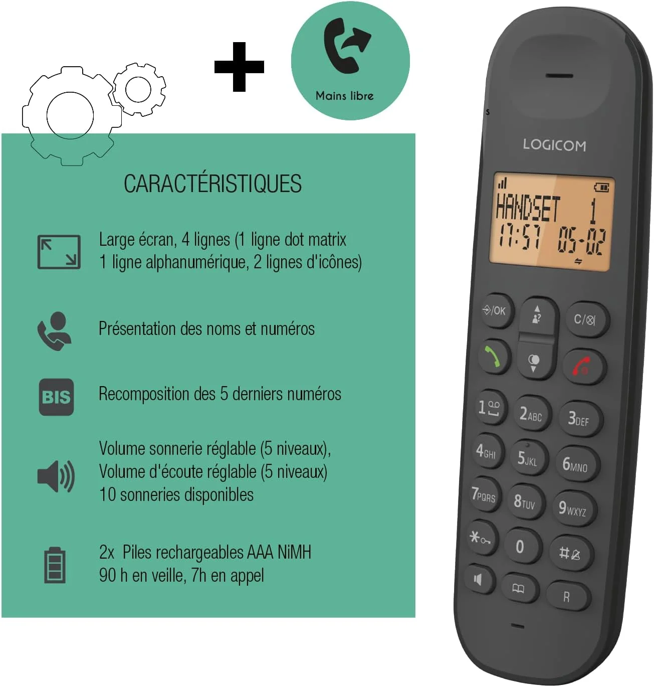 تلفن بی سیم ثابت Logicom ILOA 150 بدون پیغام گیر - تکی - تلفن های آنالوگ و DECT - مشکی