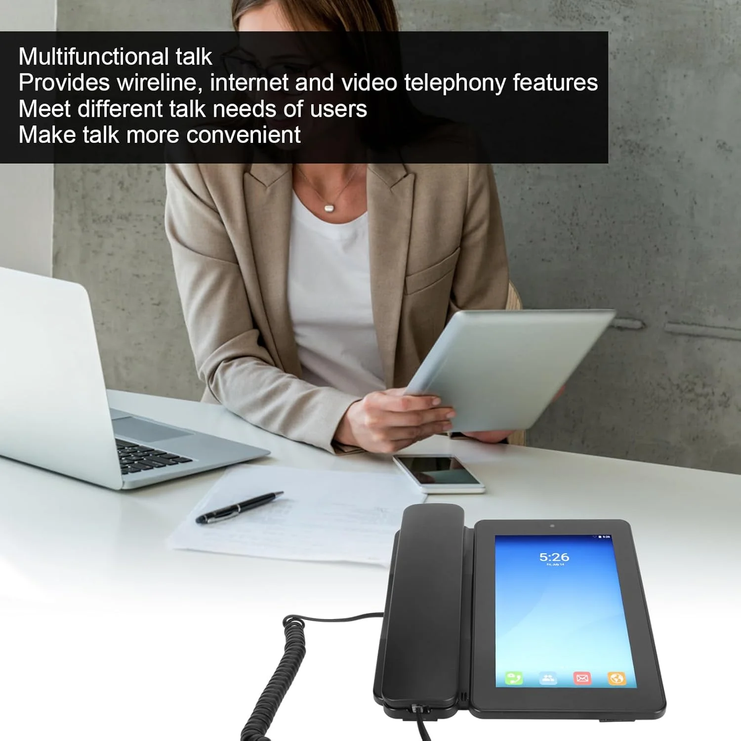 تلفن ثابت شبکه VOIP با صفحه لمسی 7.0 اینچی، تلفن تصویری درب وای فای با رابط های متعدد برای خانه، سیستم عامل اندروید 6.0.1