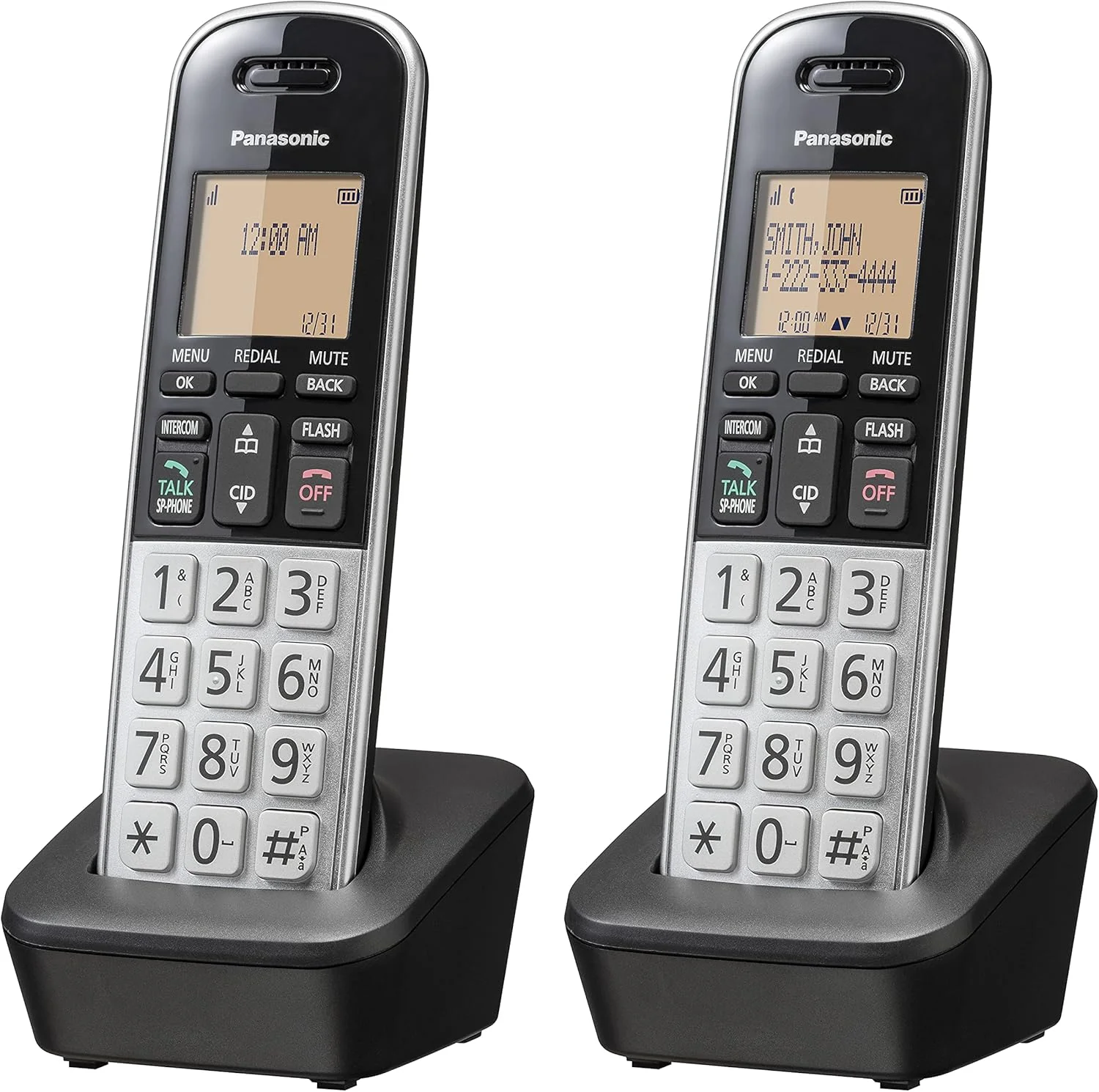 تلفن بی سیم پاناسونیک مدل KX-TGB812S با صفحه نمایش ال سی دی 1.6 اینچی، نور پس زمینه صفحه کلید، مسدود کردن تماس، شناسه تماس گیرنده، چند زبانه - 2 گوشی - (مشکی/نقره ای)