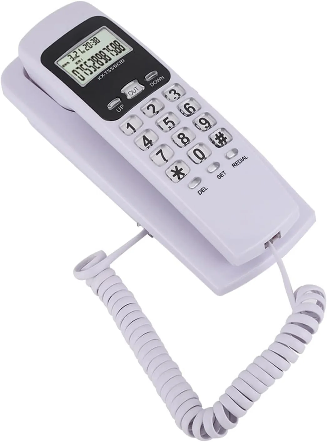 تلفن ثابت، تلفن رومیزی کوچک دیواری با قابلیت نمایش شماره تماس گیرنده، صفحه نمایش LCD با نور پس زمینه و عملکرد تماس مجدد برای منزل، شرکت و هتل (سفید)