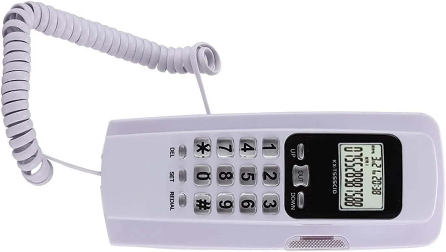 تلفن ثابت، تلفن رومیزی کوچک دیواری با قابلیت نمایش شماره تماس گیرنده، صفحه نمایش LCD با نور پس زمینه و عملکرد تماس مجدد برای منزل، شرکت و هتل (سفید)