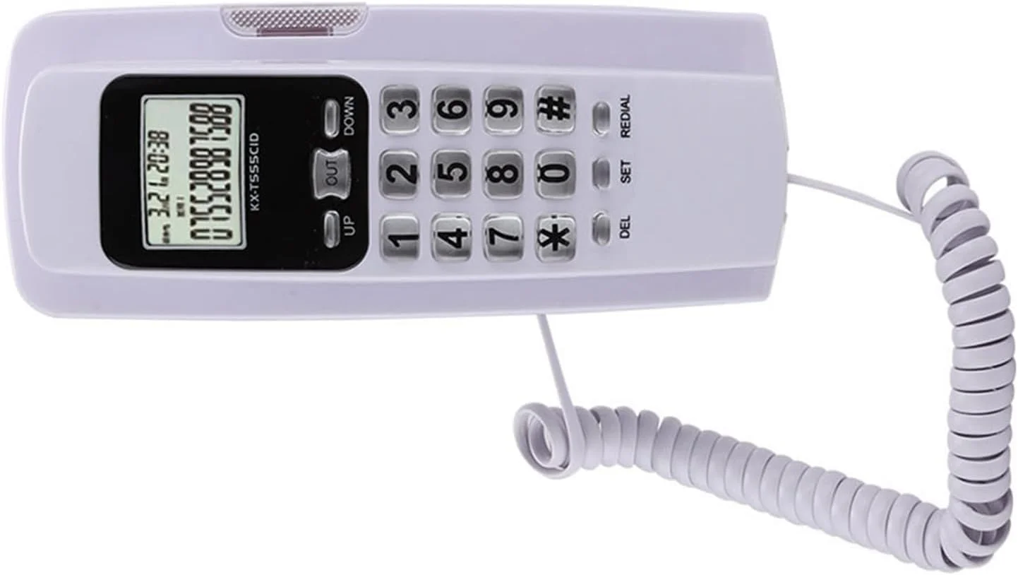 تلفن ثابت، تلفن رومیزی کوچک دیواری با قابلیت نمایش شماره تماس گیرنده، صفحه نمایش LCD با نور پس زمینه و عملکرد تماس مجدد برای منزل، شرکت و هتل (سفید)