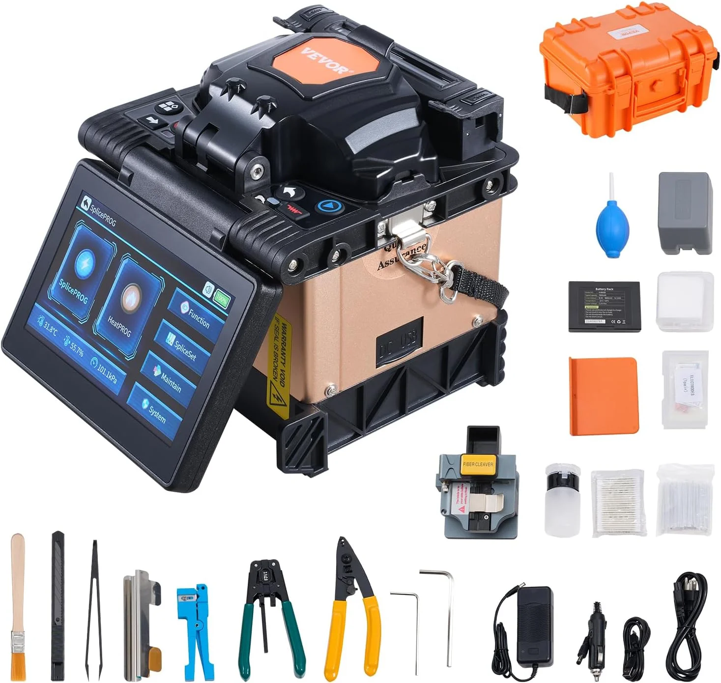 دستگاه فیوژن فیبر نوری VEVOR با 4 موتور، تراز غلاف، زمان اتصال 6 ثانیه و گرمایش 13 ثانیه، دارای صفحه لمسی 5 اینچی، نگهدارنده فیبر 3 در 1 و باتری 7800mAh برای SM MM DS NZDS