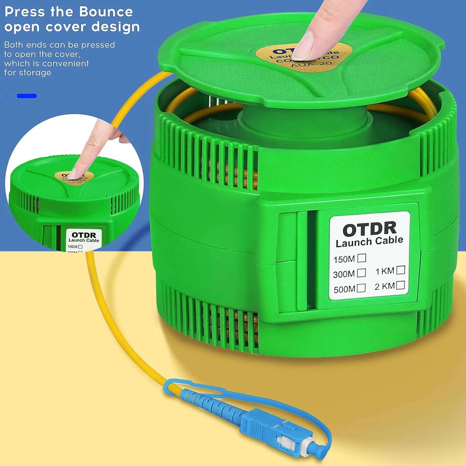 جعبه کابل پرتاب فیبر نوری حذف کننده منطقه مرده OTDR SCAPC-SCUPC تک حالته 1 کیلومتر، خط توسعه تست فیبر نوری، ابزار تست حلقه کابل انتقال، ابزار تست فیبر نوری 1000 متری
