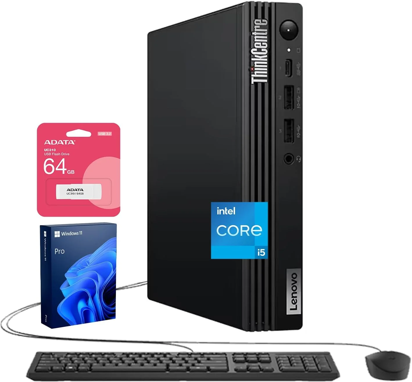 کامپیوتر رومیزی کوچک تجاری Lenovo ThinkCentre M70q، پردازنده 10 هسته ای Intel i5-14400T، رم 16 گیگابایتی DDR5، حافظه SSD 512 گیگابایتی، HDMI، DP، Wi-Fi 6E، پشتیبانی از 3 مانیتور 4K، کیبورد و ماوس سیمی، ویندوز 11 پرو، همراه با فلش مموری ADATA 64 گیگابایتی