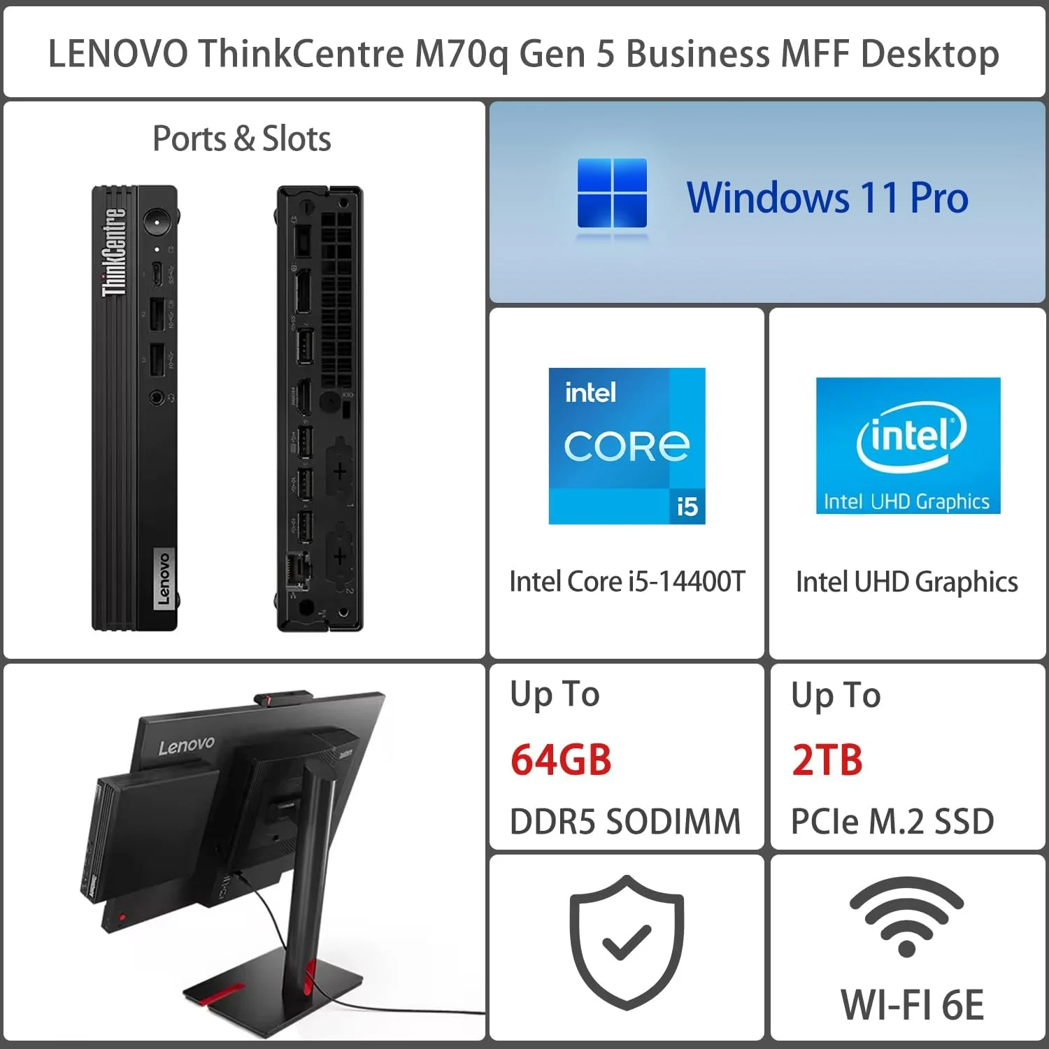 کامپیوتر رومیزی کوچک تجاری Lenovo ThinkCentre M70q، پردازنده 10 هسته ای Intel i5-14400T، رم 16 گیگابایتی DDR5، حافظه SSD 512 گیگابایتی، HDMI، DP، Wi-Fi 6E، پشتیبانی از 3 مانیتور 4K، کیبورد و ماوس سیمی، ویندوز 11 پرو، همراه با فلش مموری ADATA 64 گیگابایتی