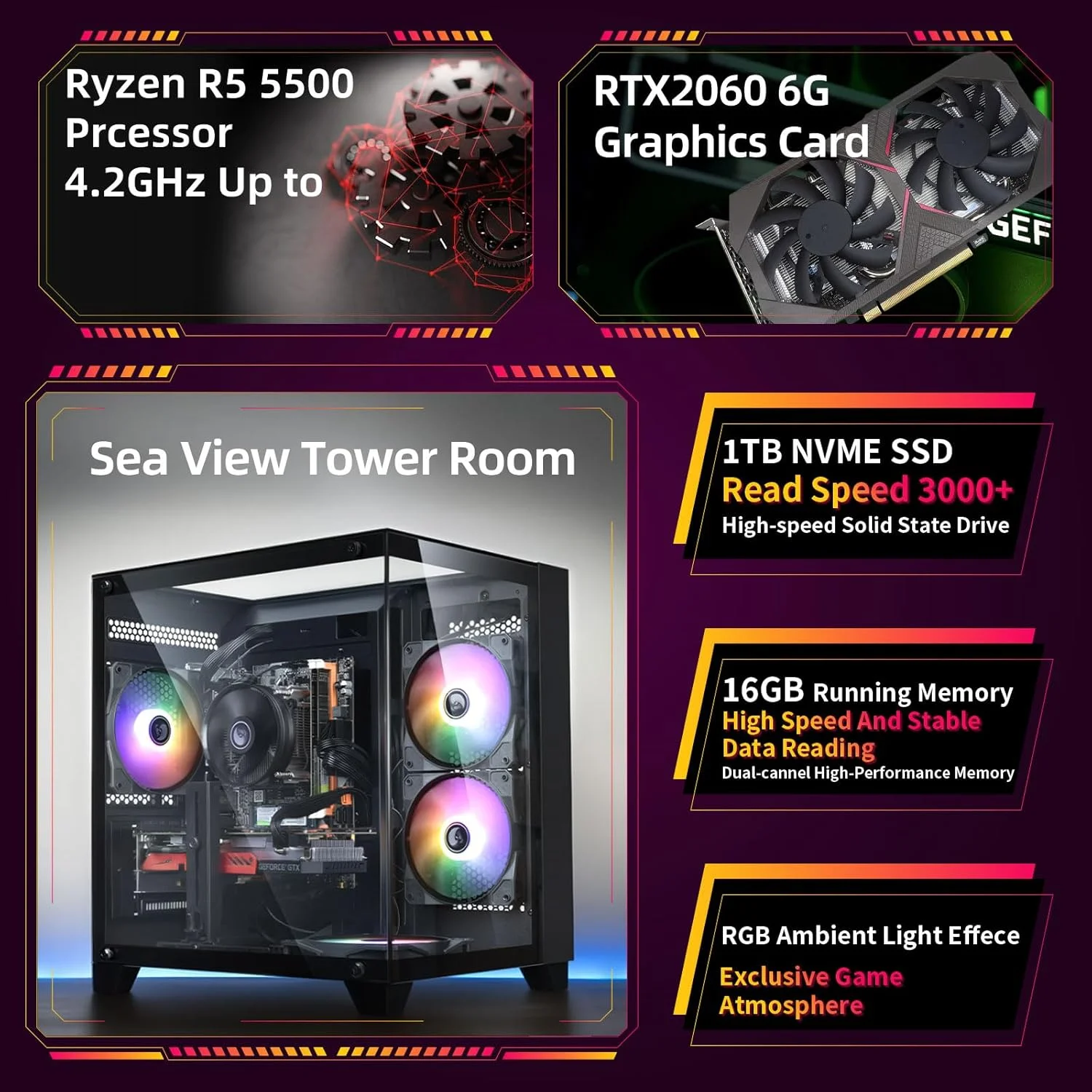 کامپیوتر رومیزی از پیش ساخته شده مخصوص بازی، پردازنده AMD Ryzen R5 5500، فرکانس 3.6-4.2 گیگاهرتز، کارت گرافیک RTX2060 با 6 گیگابایت حافظه ویدیویی GDDR6، رم 16 گیگابایتی، SSD NVME 1 ترابایتی، WiFi 5.0، فن RGB x4