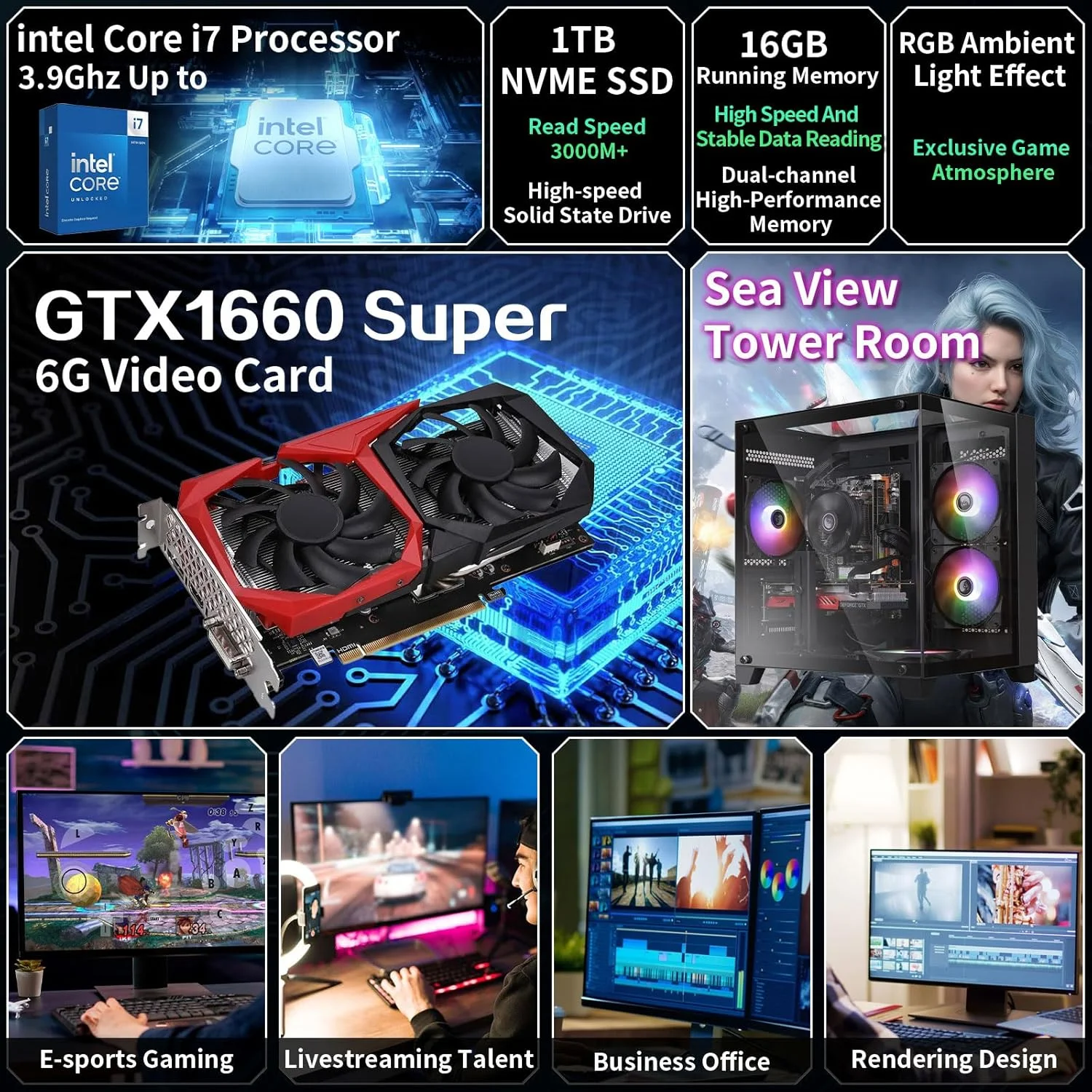 کامپیوتر رومیزی گیمینگ اسمبل شده، پردازنده Intel Core i7 (تا 3.9 گیگاهرتز)، کارت گرافیک GTX1660Super با 6 گیگابایت حافظه ویدیویی GDDR6، رم 16 گیگابایتی DDR4، اس اس دی 1 ترابایتی NVME، وای فای 5.0، فن RGB x4، مناسب برای بازی