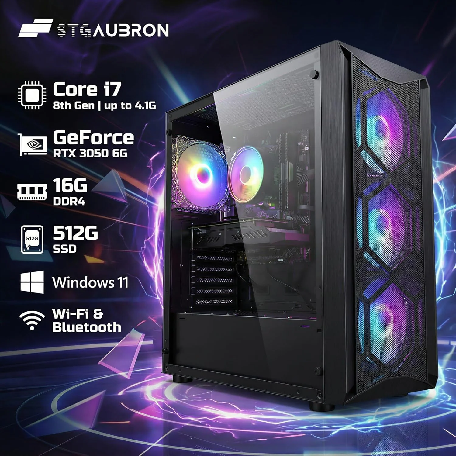 کامپیوتر رومیزی گیمینگ STGAubron، پردازنده Intel Core i7 نسل 8 تا 4.1 گیگاهرتز، GeForce RTX 3050 6G، رم 16G DDR4، حافظه SSD 512G، WiFi 6، BT 5.2، فن RGB x6، ویندوز 11 هوم