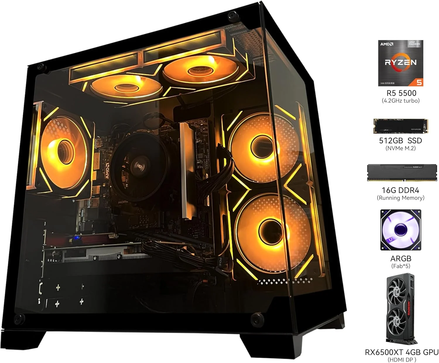 کامپیوتر رومیزی گیمینگ، AMD Ryzen 5 5500، کارت گرافیک RX6500XT 4GB، رم 16GB DDR4، SSD 512GB NVMe، فن های ARGB، طراحی بازی و کاربری اداری